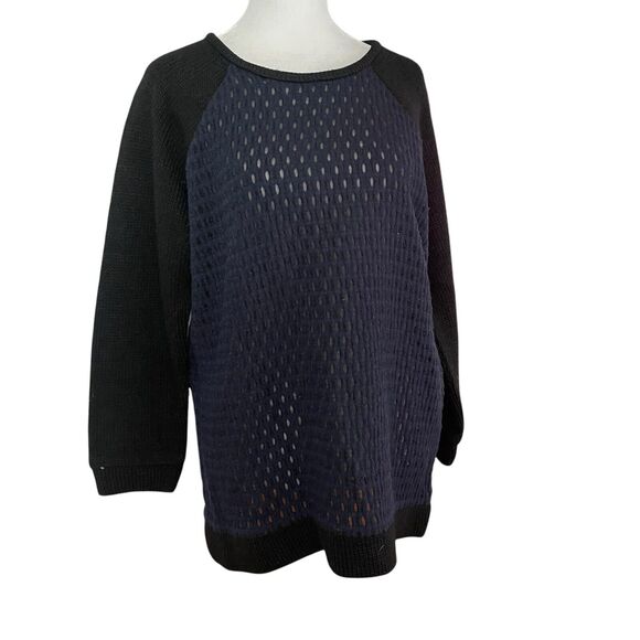 Tibi Medium Tunic Sweater Black Black Perforated Popover Wool Blend - Picture 4 of 8